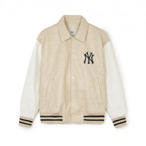 MLB Classic Monogram Vegan Leather Collar Varsitiy (Single Layer) New York Yankees Jackets Beige | 5978302-UA