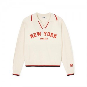 MLB Varsity Slit Collar Neck Pullover New York Yankees Sweaters Cream | 8594023-HS