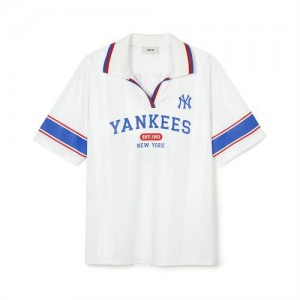 MLB Varsity Soccer V Neck Over Fit Collarts New York Yankees T Shirts White | 7491250-OM