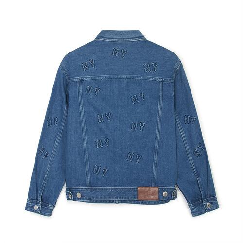 MLB Classic Monogram Volume Embroidery Denim Trucker New York Yankees Jackets Blue | 7328059-BP