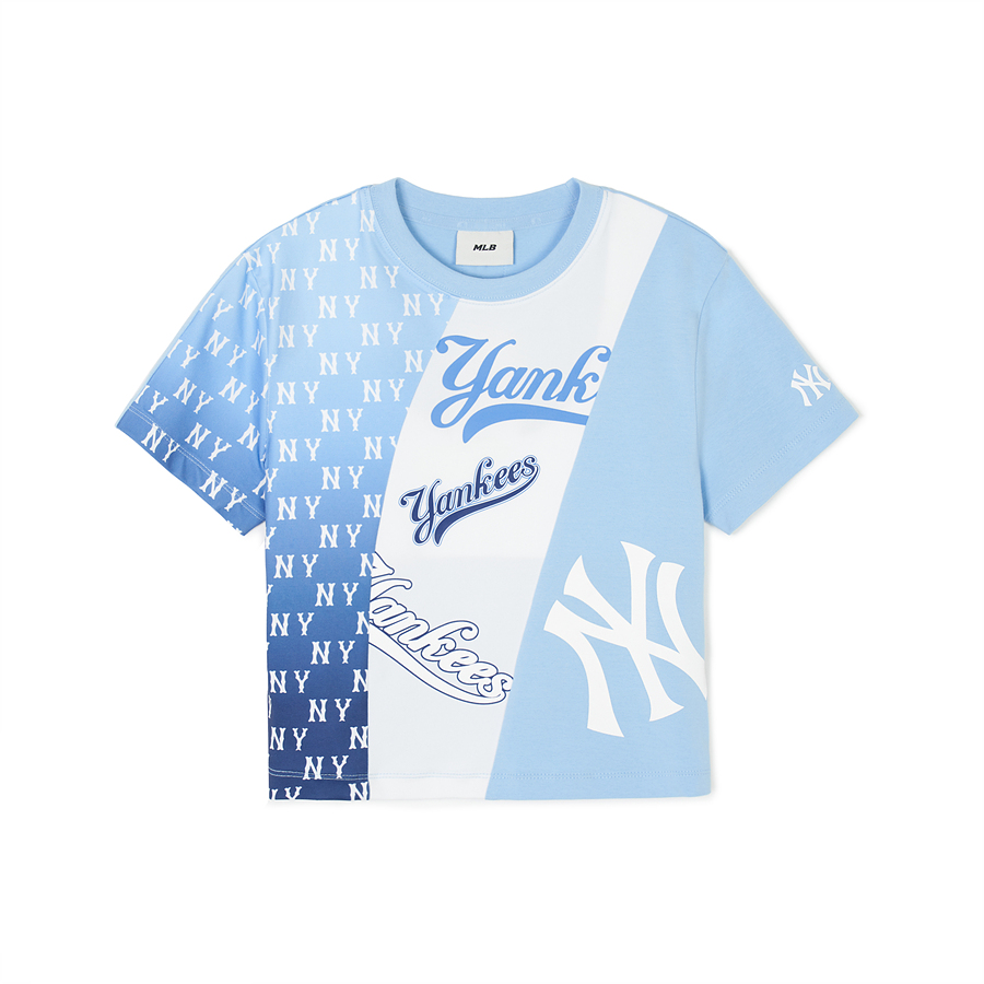 MLB Monogram Block Slim Cropts New York Yankees T Shirts Blue | 3498025-VE